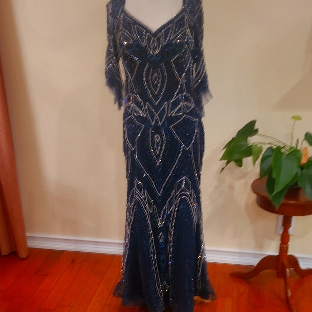 Jovani Blue Sequin Gown with V-Neck and Flutter Sleeves